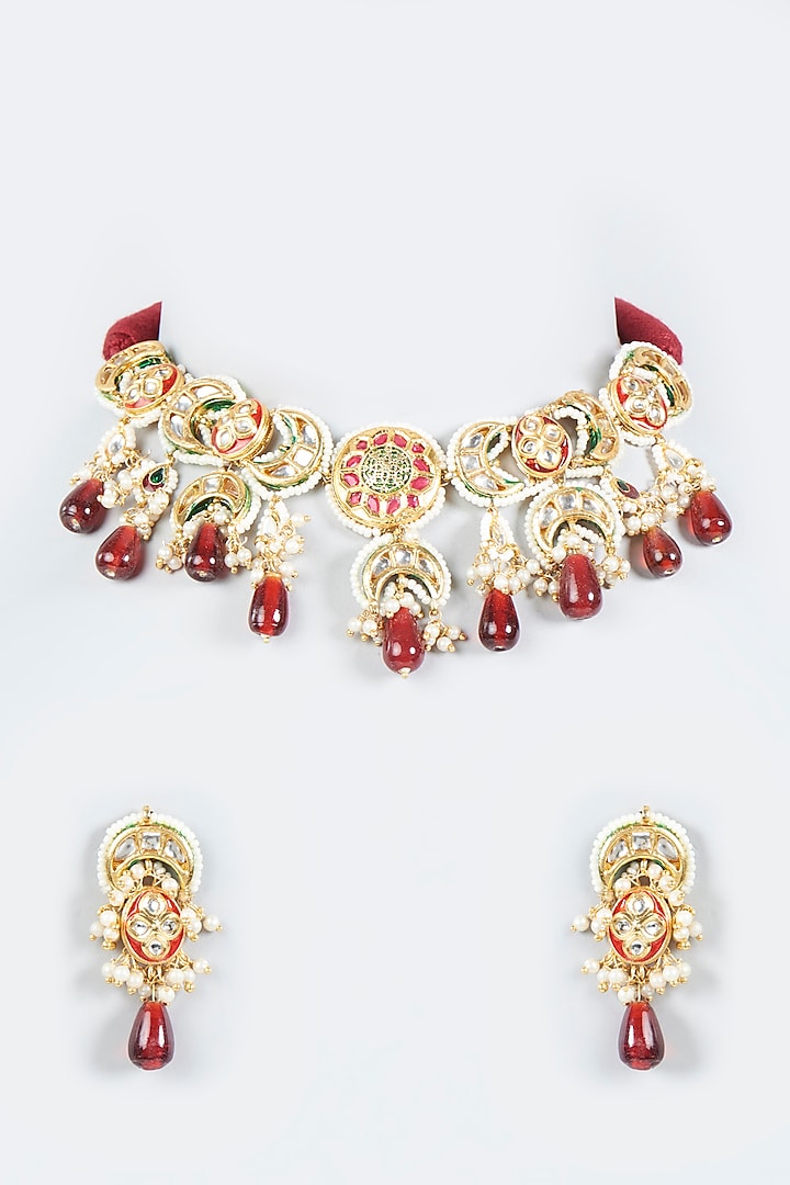 Gold Finish Kundan Polki Necklace Set by Dugran By Dugristyle