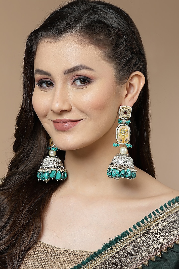 Gold Finish Kundan Polki & American Diamond Jhumka Earrings by Dugran By Dugristyle at Pernia's Pop Up Shop