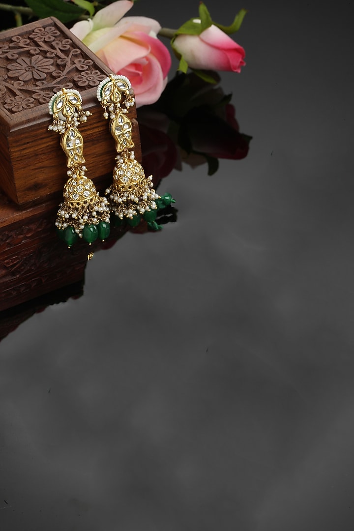 Gold Finish Kundan Polki & American Diamond Jhumka Earrings by Dugran By Dugristyle at Pernia's Pop Up Shop