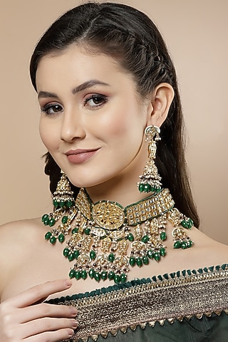 Gold Finish Kundan Polki & American Diamond Jhumka Earrings by Dugran By Dugristyle
