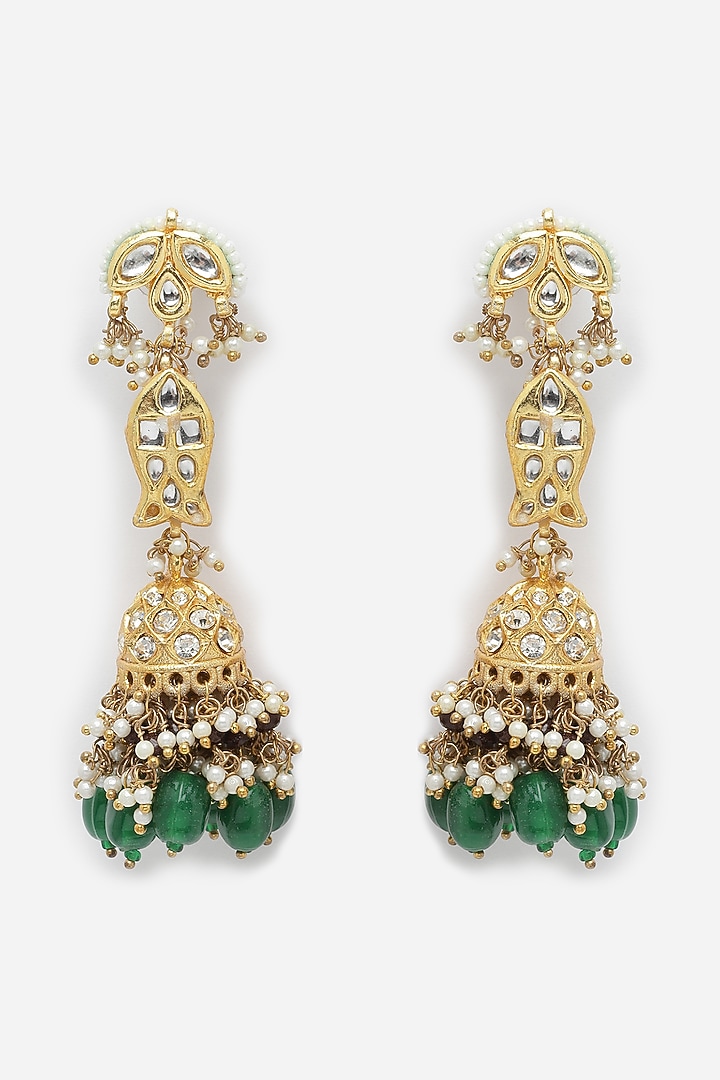 Gold Finish Kundan Polki & American Diamond Jhumka Earrings by Dugran By Dugristyle at Pernia's Pop Up Shop