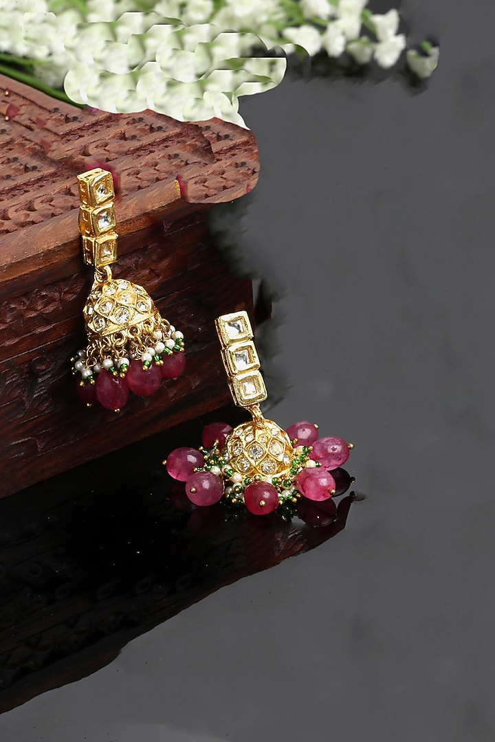 Gold Finish Kundan Polki & American Diamond Jhumka Earrings by Dugran By Dugristyle at Pernia's Pop Up Shop
