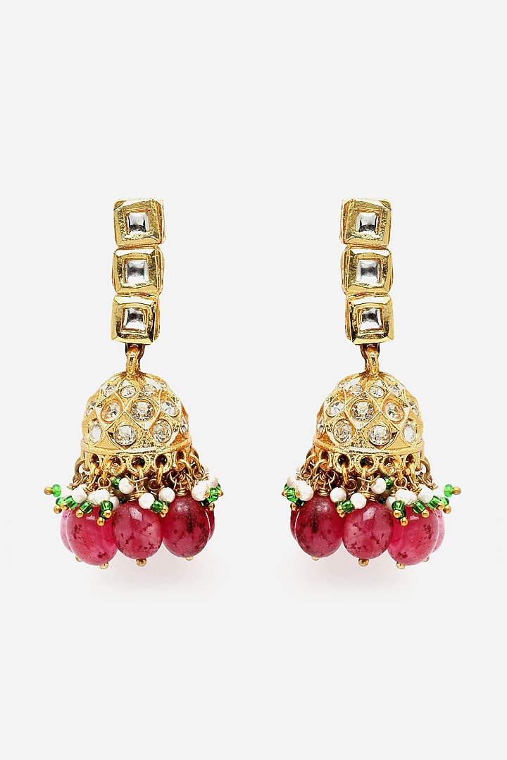 Gold Finish Kundan Polki & American Diamond Jhumka Earrings by Dugran By Dugristyle at Pernia's Pop Up Shop