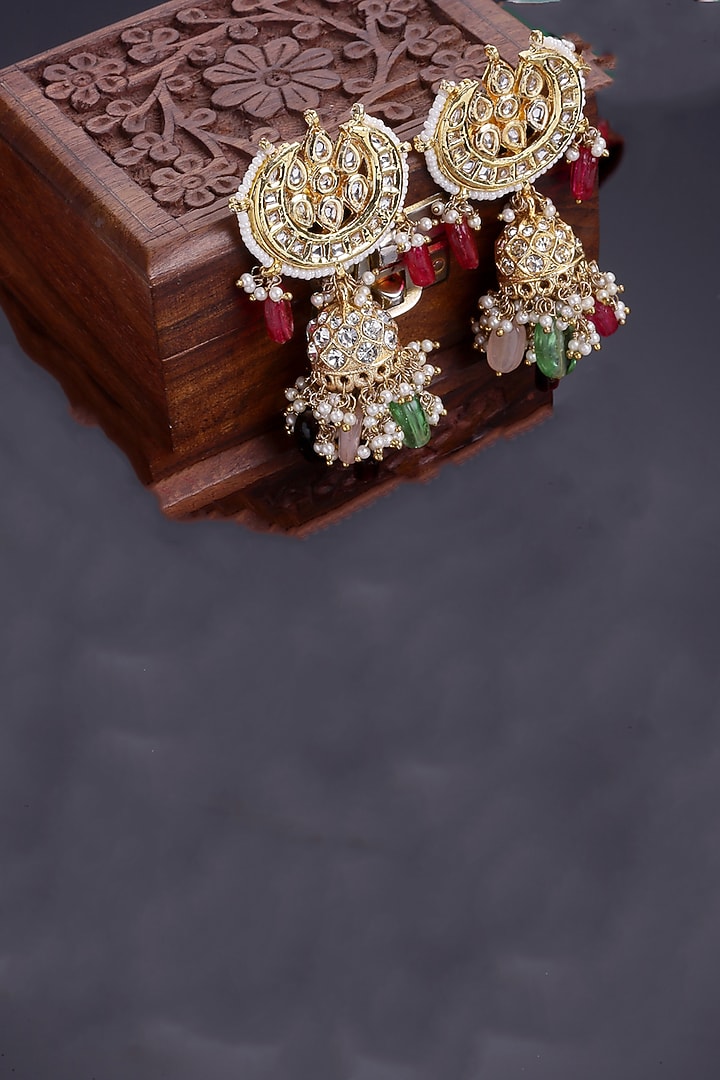 Gold Finish Kundan Polki & American Diamond Jhumka Earrings by Dugran By Dugristyle at Pernia's Pop Up Shop