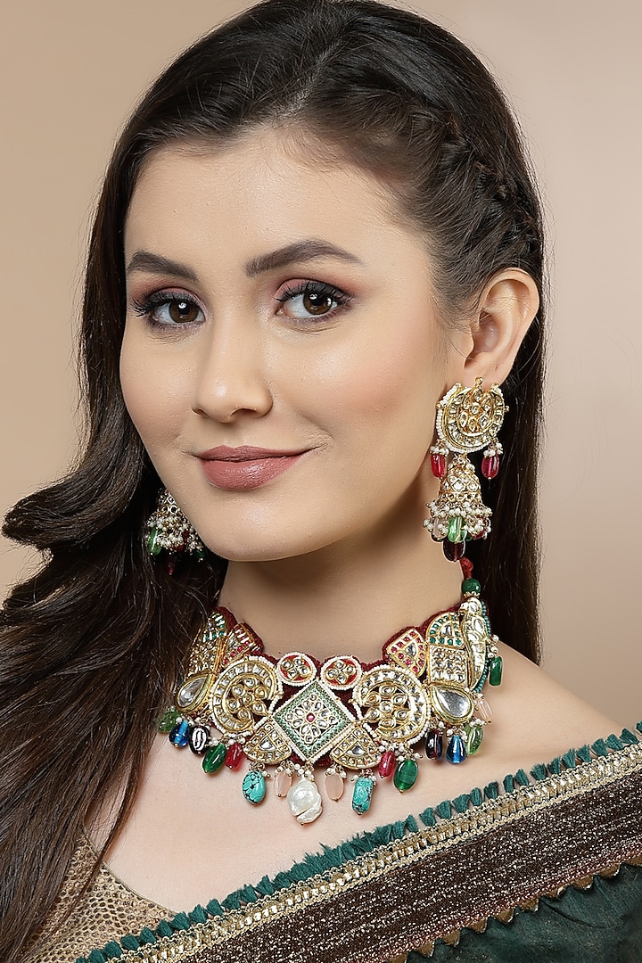 Gold Finish Kundan Polki & American Diamond Jhumka Earrings by Dugran By Dugristyle at Pernia's Pop Up Shop