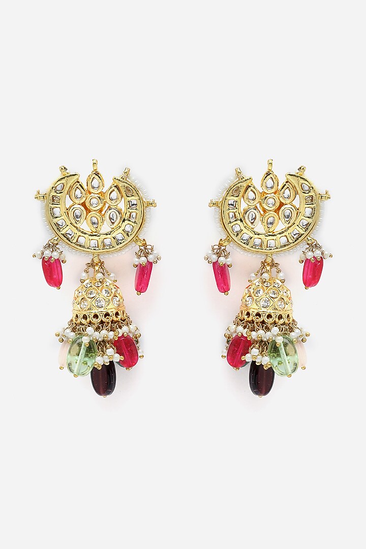 Gold Finish Kundan Polki & American Diamond Jhumka Earrings by Dugran By Dugristyle at Pernia's Pop Up Shop