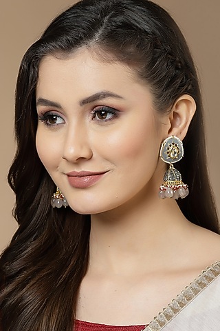 Gold Finish Kundan Polki & American Diamond Jhumka Earrings by Dugran By Dugristyle