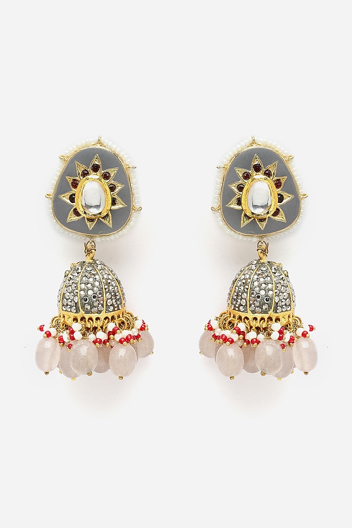 Gold Finish Kundan Polki & American Diamond Jhumka Earrings by Dugran By Dugristyle at Pernia's Pop Up Shop