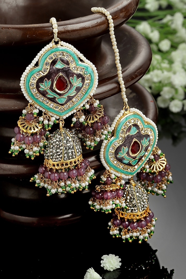 Gold Finish American Diamond & Pearl Jhumka Earrings by Dugran By Dugristyle at Pernia's Pop Up Shop