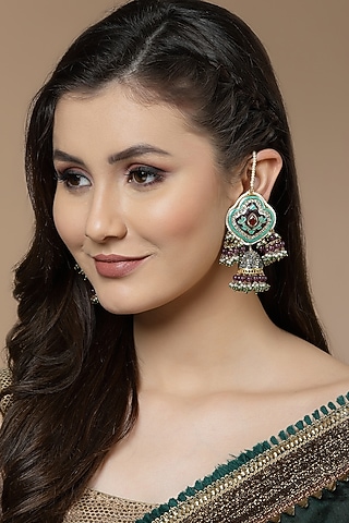 Gold Finish American Diamond & Pearl Jhumka Earrings by Dugran By Dugristyle