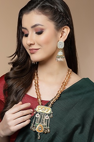 Gold Finish American Diamond & Pearl Jhumka Earrings by Dugran By Dugristyle