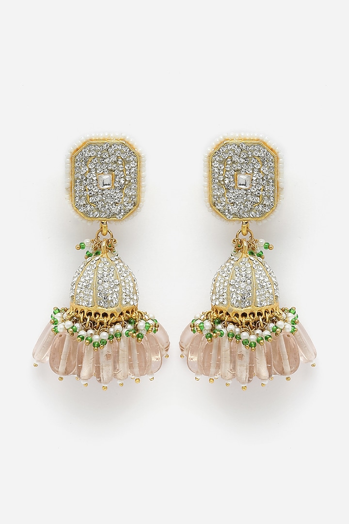 Gold Finish American Diamond & Pearl Jhumka Earrings by Dugran By Dugristyle at Pernia's Pop Up Shop