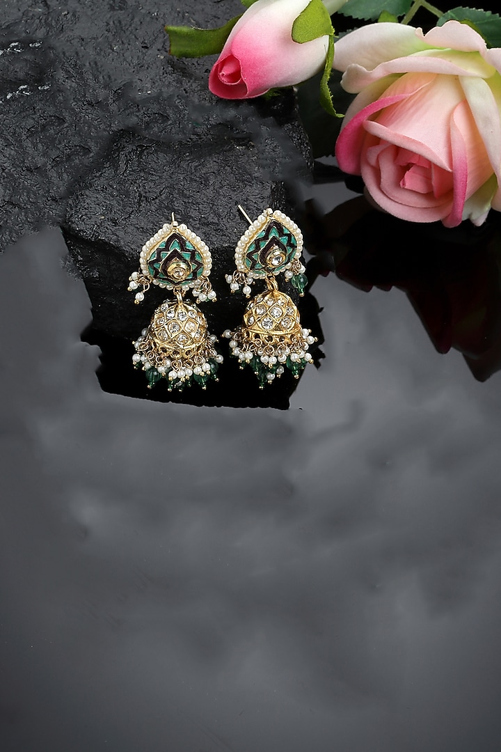 Gold Finish Kundan Polki & American Diamond Jhumka Earrings by Dugran By Dugristyle at Pernia's Pop Up Shop