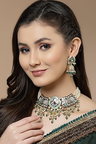 Gold Finish Kundan Polki & American Diamond Jhumka Earrings by Dugran By Dugristyle