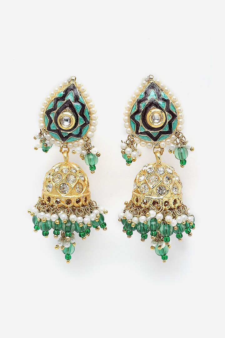 Gold Finish Kundan Polki & American Diamond Jhumka Earrings by Dugran By Dugristyle at Pernia's Pop Up Shop