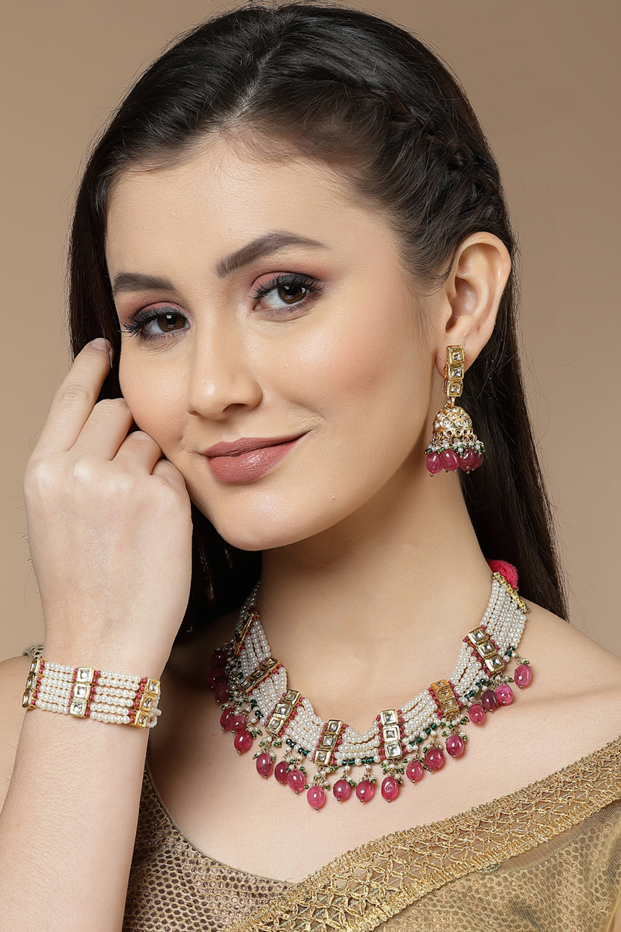 Gold Finish Kundan Polki & Pearl Bracelet by Dugran By Dugristyle at Pernia's Pop Up Shop