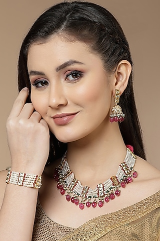 Gold Finish Kundan Polki & Pearl Bracelet by Dugran By Dugristyle