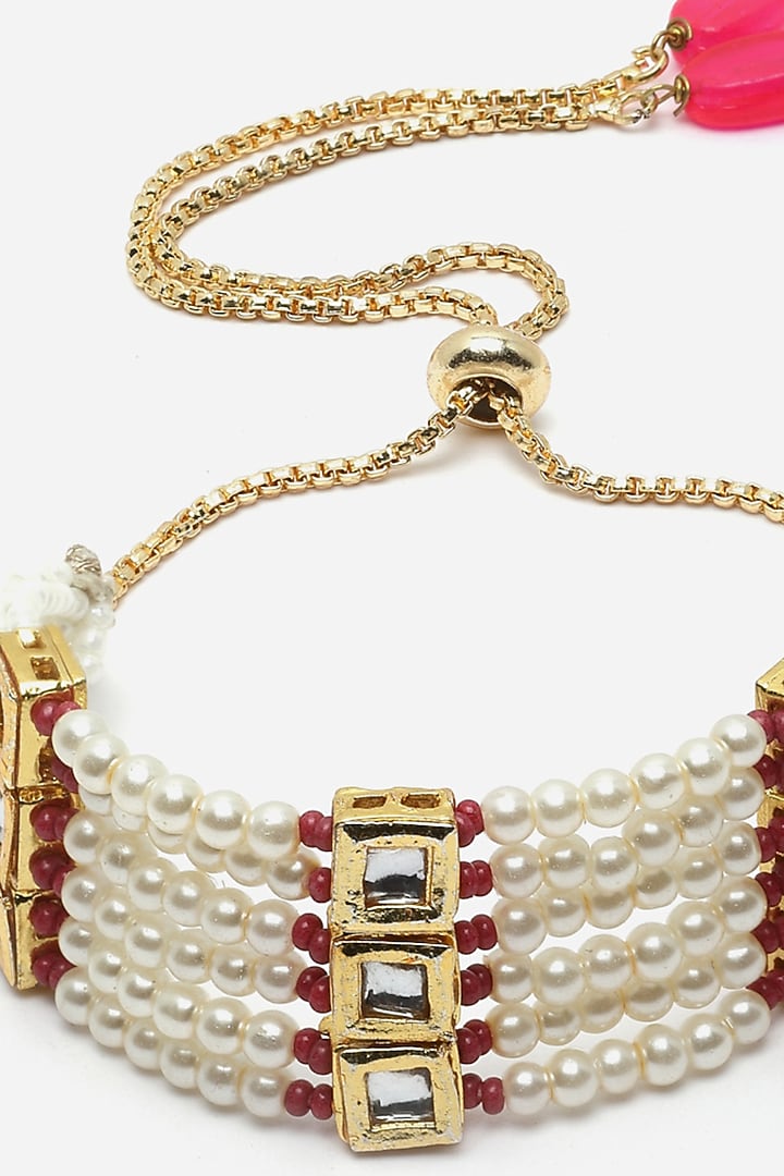 Gold Finish Kundan Polki & Pearl Bracelet by Dugran By Dugristyle at Pernia's Pop Up Shop