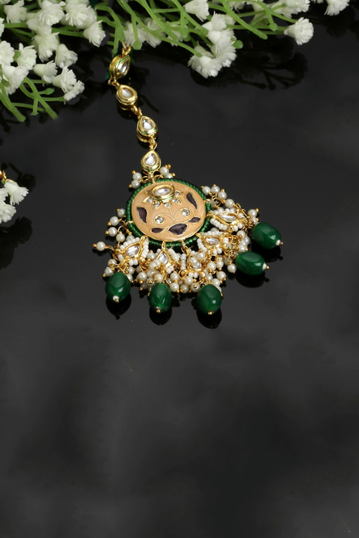 Gold Finish Kundan Polki & Pearl Maangtikka by Dugran By Dugristyle