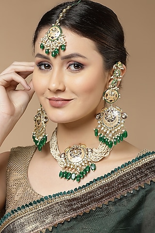 Gold Finish Kundan Polki & Pearl Maangtikka by Dugran By Dugristyle