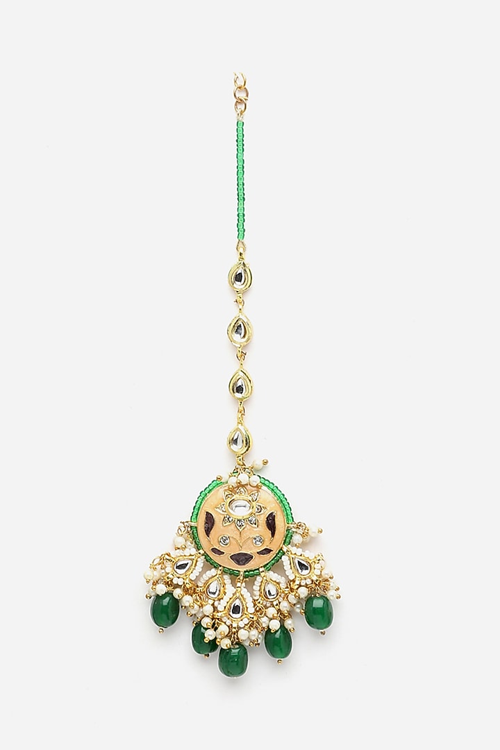 Gold Finish Kundan Polki & Pearl Maangtikka by Dugran By Dugristyle at Pernia's Pop Up Shop