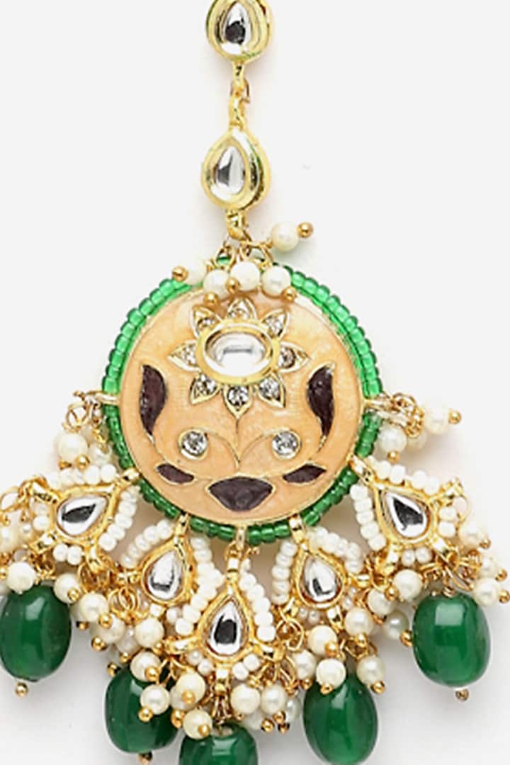 Gold Finish Kundan Polki & Pearl Maangtikka by Dugran By Dugristyle at Pernia's Pop Up Shop