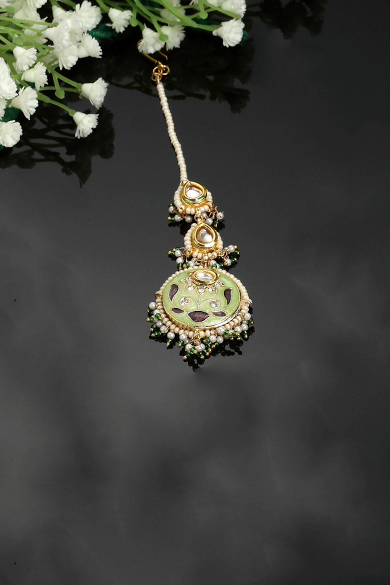 Gold Finish Kundan Polki & Pearl Maangtikka by Dugran By Dugristyle