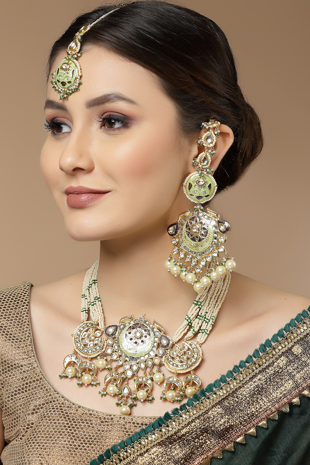 Gold Finish Kundan Polki & Pearl Maangtikka by Dugran By Dugristyle at Pernia's Pop Up Shop