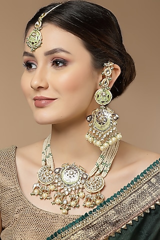 Gold Finish Kundan Polki & Pearl Maangtikka by Dugran By Dugristyle