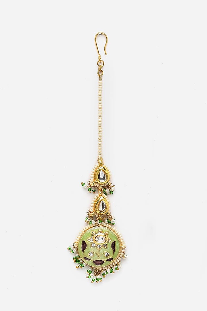 Gold Finish Kundan Polki & Pearl Maangtikka by Dugran By Dugristyle at Pernia's Pop Up Shop