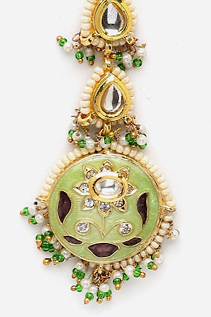 Gold Finish Kundan Polki & Pearl Maangtikka by Dugran By Dugristyle at Pernia's Pop Up Shop