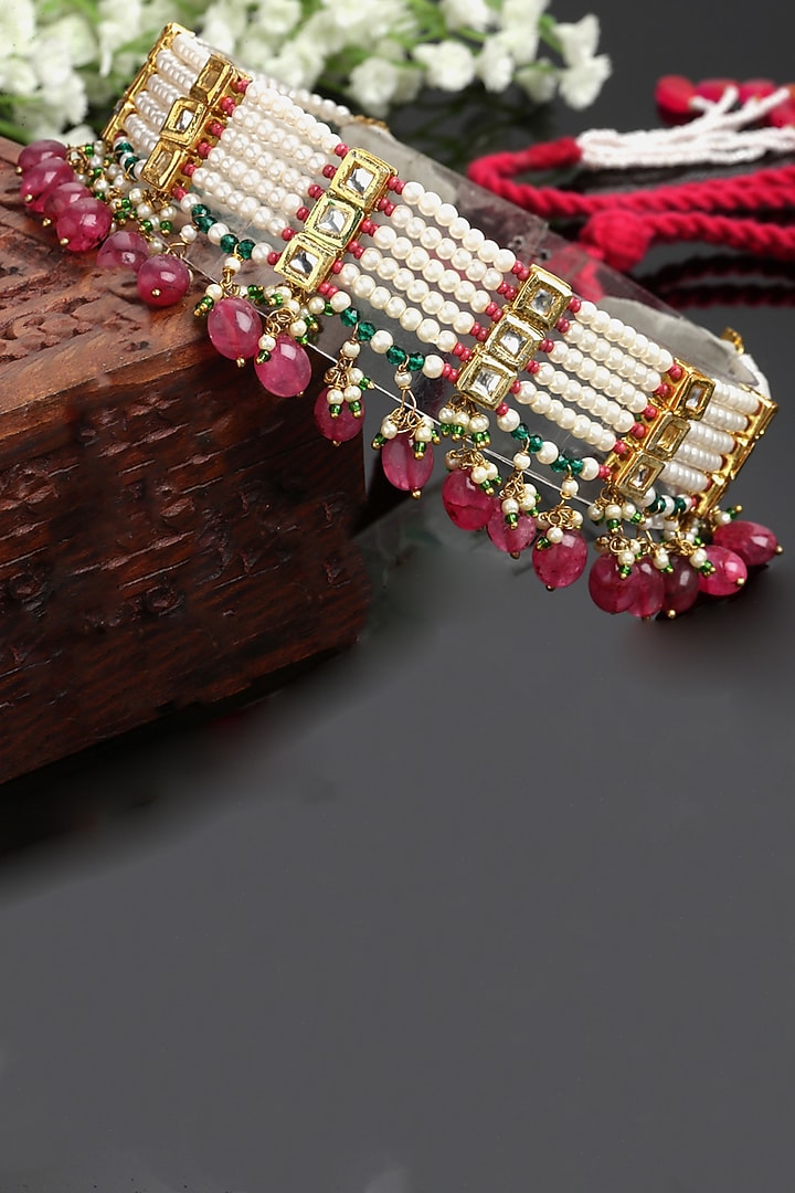 Gold Finish Kundan Polki & Pearl Choker Necklace by Dugran By Dugristyle at Pernia's Pop Up Shop