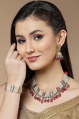 Gold Finish Kundan Polki & Pearl Choker Necklace by Dugran By Dugristyle