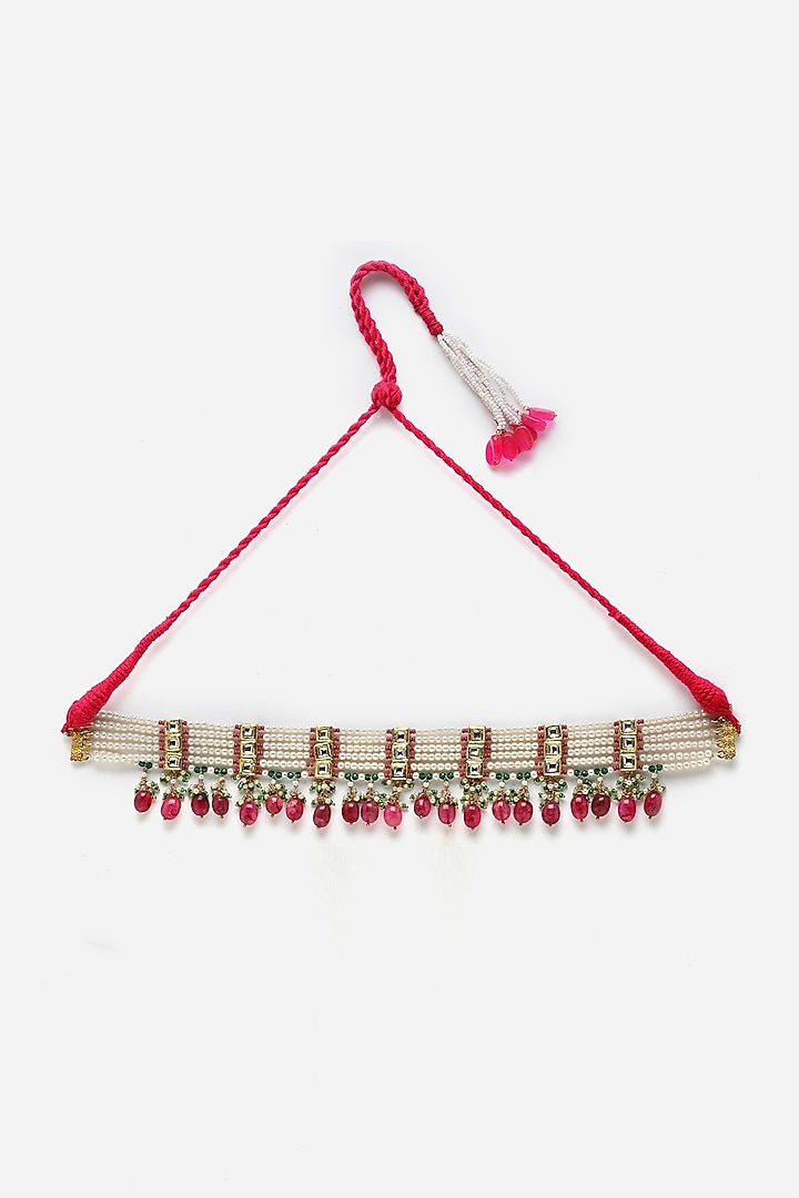 Gold Finish Kundan Polki & Pearl Choker Necklace by Dugran By Dugristyle at Pernia's Pop Up Shop