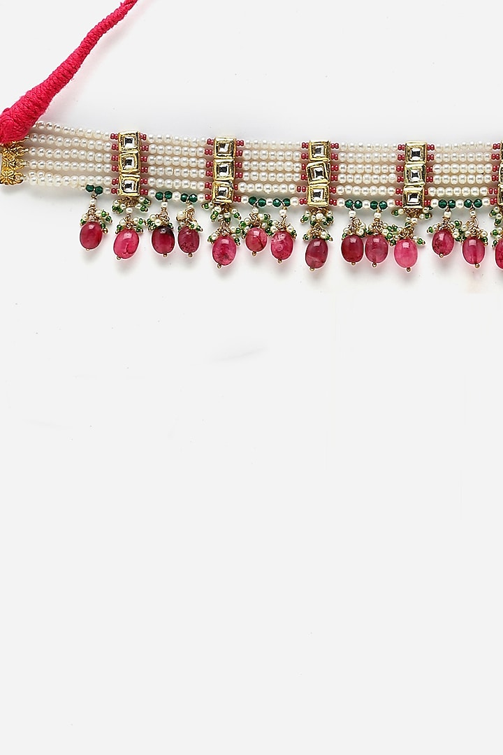Gold Finish Kundan Polki & Pearl Choker Necklace by Dugran By Dugristyle at Pernia's Pop Up Shop
