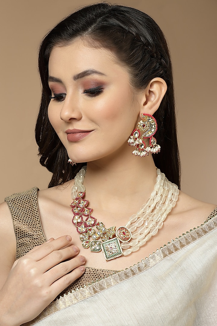 Gold Finish Kundan Polki & Pearl Haar Necklace by Dugran By Dugristyle