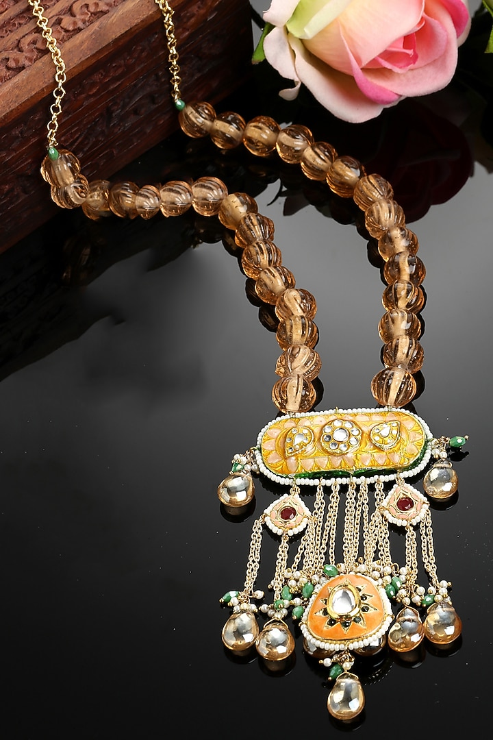 Gold Finish Kundan Polki & Pearl Haar Necklace by Dugran By Dugristyle at Pernia's Pop Up Shop