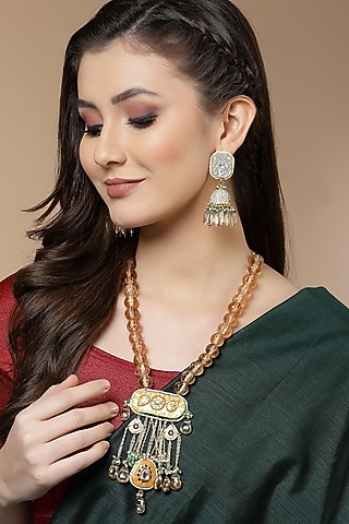 Gold Finish Kundan Polki & Pearl Haar Necklace by Dugran By Dugristyle