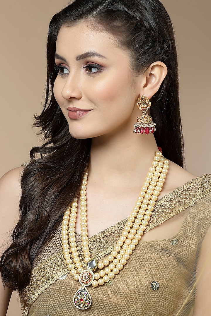 Gold Finish Kundan Polki & Pearl Haar Necklace by Dugran By Dugristyle