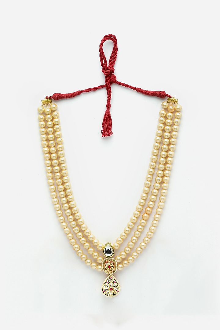 Gold Finish Kundan Polki & Pearl Haar Necklace by Dugran By Dugristyle at Pernia's Pop Up Shop
