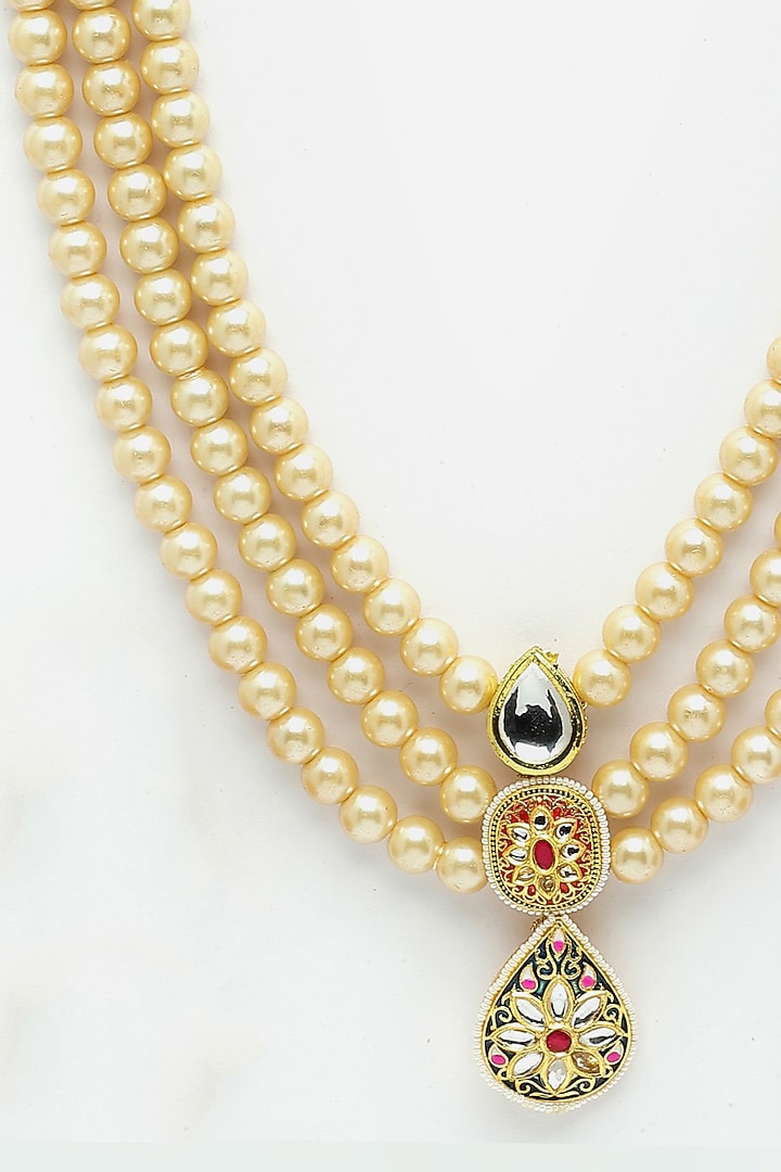 Gold Finish Kundan Polki & Pearl Haar Necklace by Dugran By Dugristyle at Pernia's Pop Up Shop