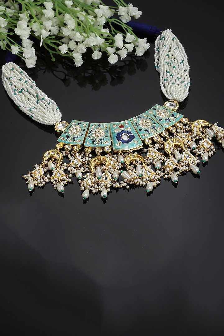Gold Finish Kundan Polki & Pearl Haar Necklace by Dugran By Dugristyle at Pernia's Pop Up Shop