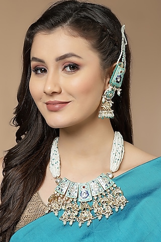 Gold Finish Kundan Polki & Pearl Haar Necklace by Dugran By Dugristyle