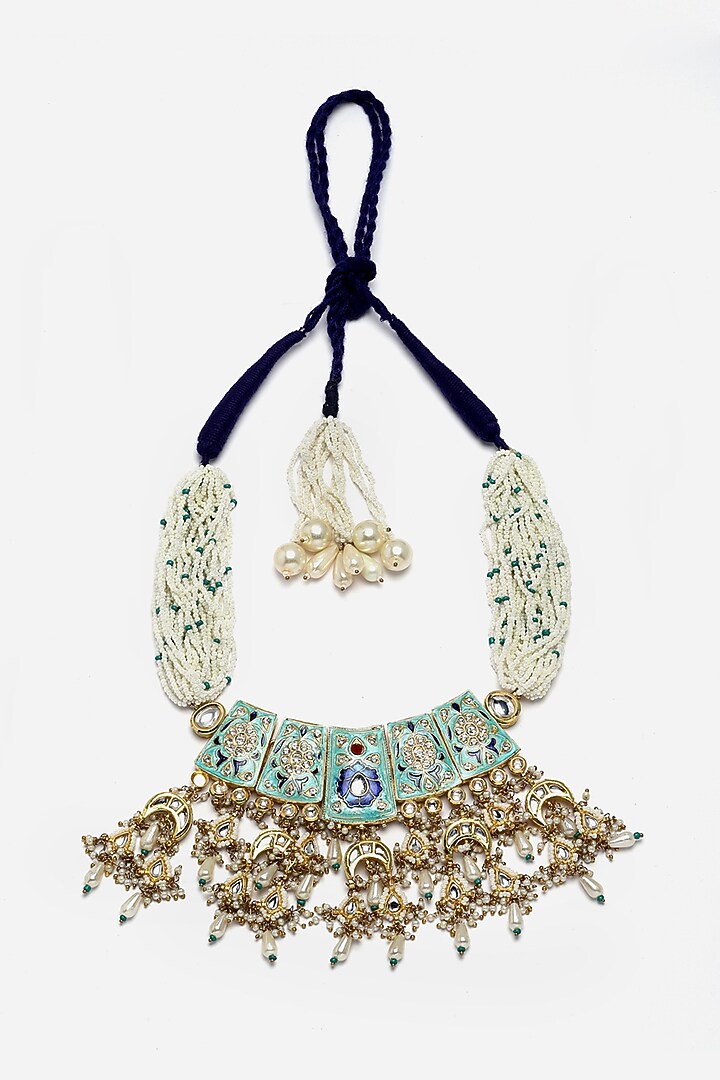 Gold Finish Kundan Polki & Pearl Haar Necklace by Dugran By Dugristyle at Pernia's Pop Up Shop