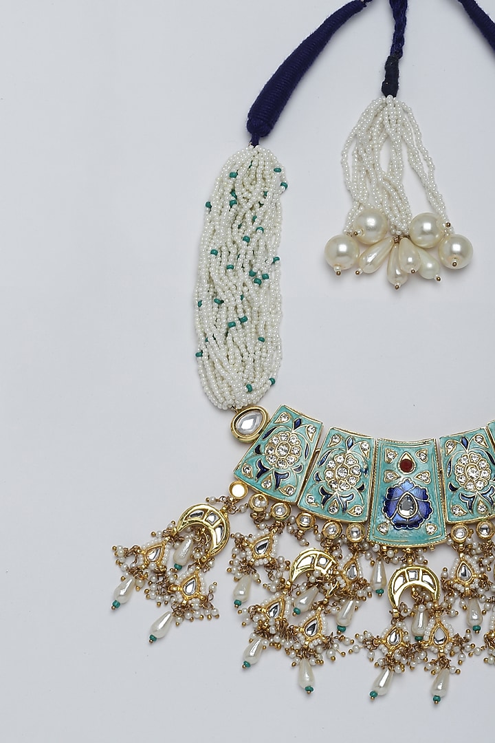 Gold Finish Kundan Polki & Pearl Haar Necklace by Dugran By Dugristyle at Pernia's Pop Up Shop