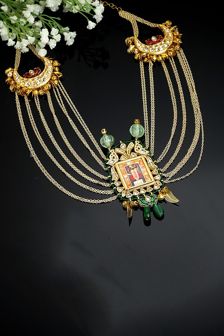 Gold Finish Kundan Polki & Pearl Haar Necklace by Dugran By Dugristyle at Pernia's Pop Up Shop