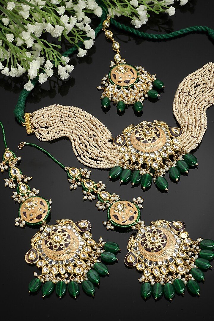 Gold Finish Kundan Polki & Pearl Necklace Set by Dugran By Dugristyle at Pernia's Pop Up Shop