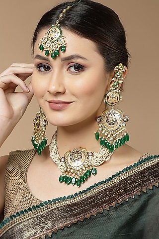 Gold Finish Kundan Polki & Pearl Necklace Set by Dugran By Dugristyle