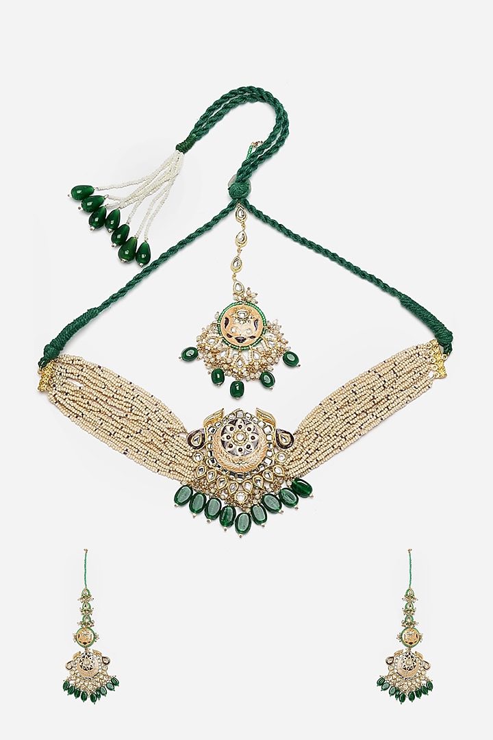 Gold Finish Kundan Polki & Pearl Necklace Set by Dugran By Dugristyle at Pernia's Pop Up Shop