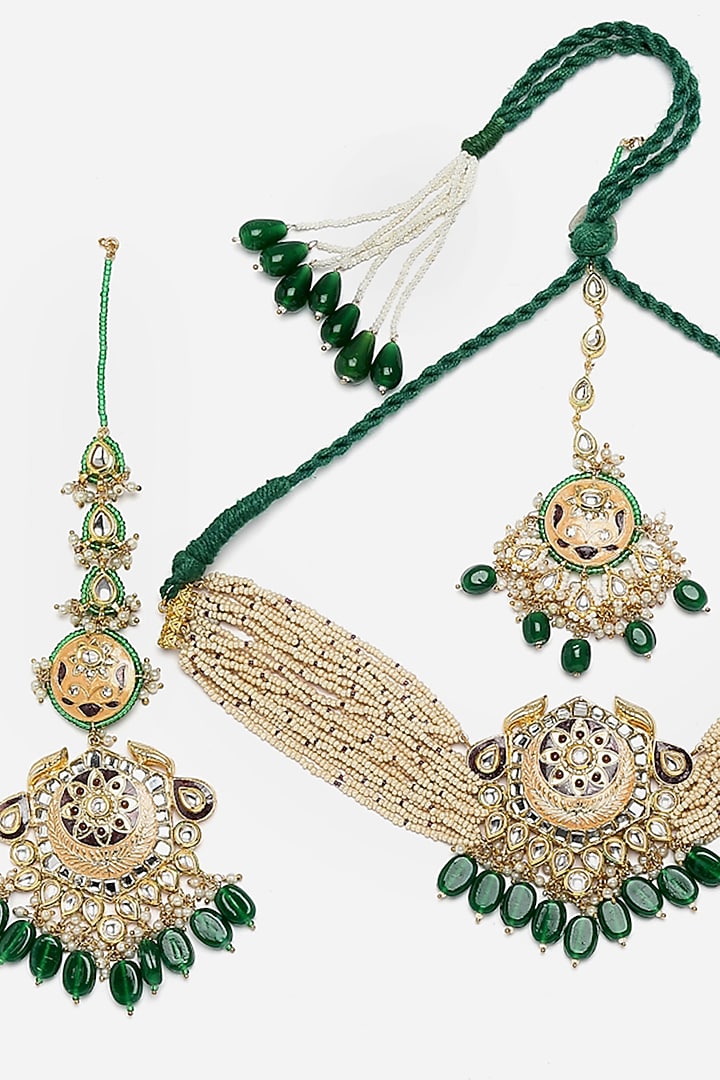 Gold Finish Kundan Polki & Pearl Necklace Set by Dugran By Dugristyle at Pernia's Pop Up Shop
